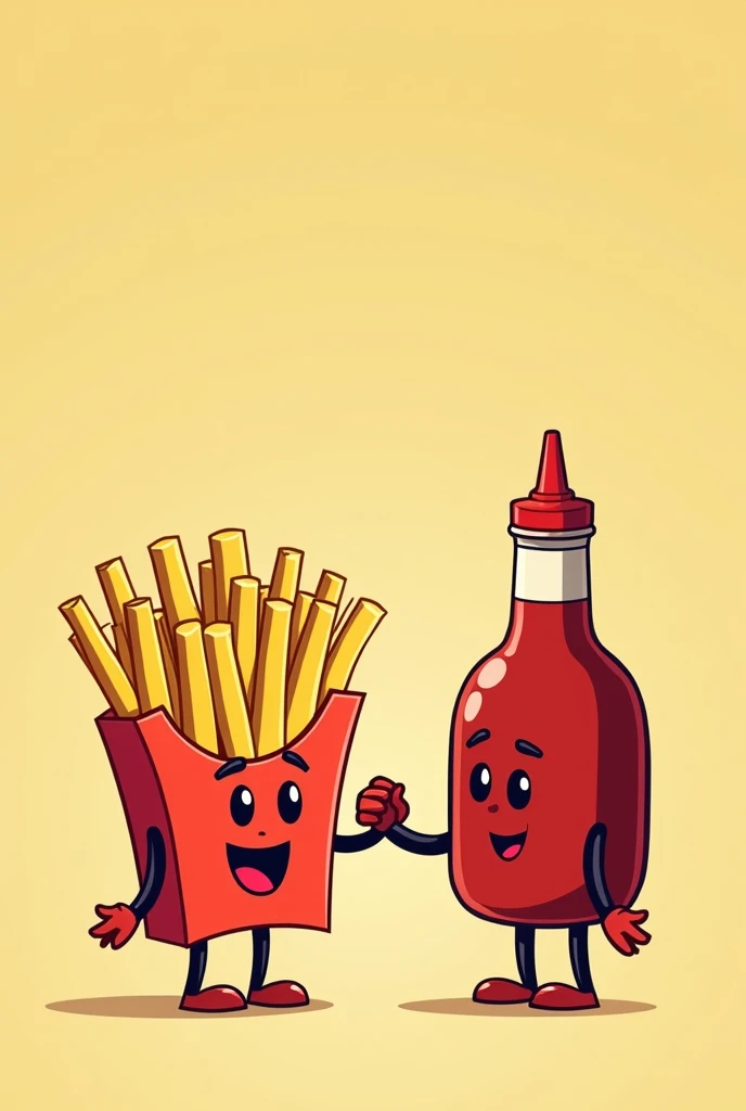 Cartoon drawing of French fries holding hands with a bottle of ketchup.