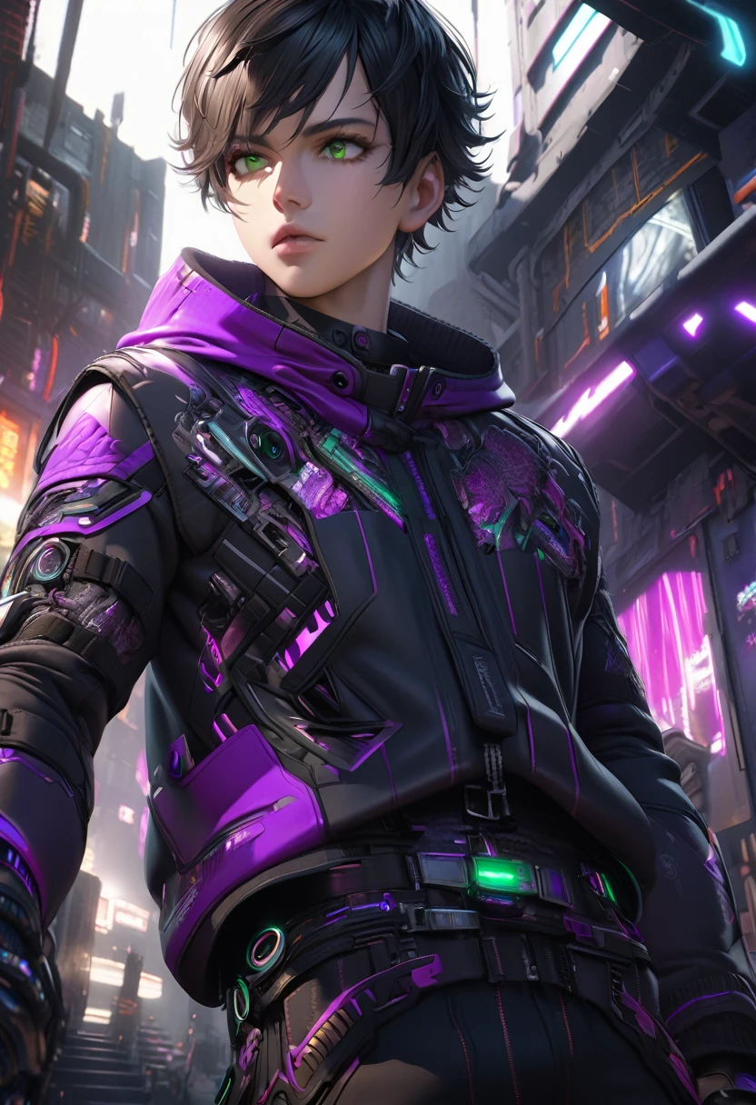 1 man with short black hair and green eyes, wearing a black and purple hooded futuristic cyberpunk outfit, playing cards, intricate details, hyper realistic, octane render, 8k, HDR, cinematic lighting, chiaroscuro, dramatic colors