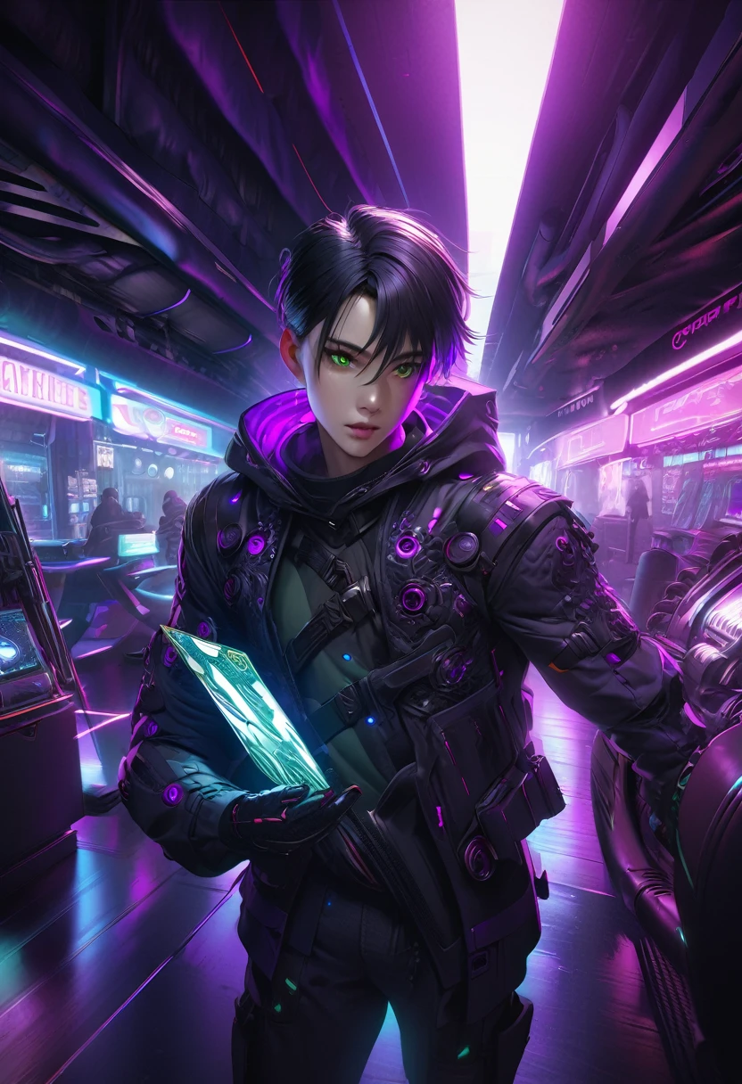 1 man with short black hair and green eyes, wearing a black and purple hooded futuristic cyberpunk outfit, playing cards, intricate details, hyper realistic, octane render, 8k, HDR, cinematic lighting, chiaroscuro, dramatic colors