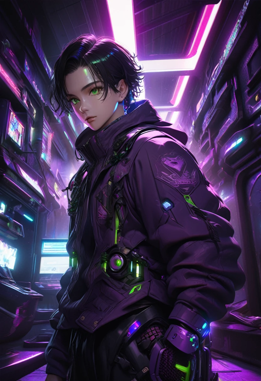 1 man with short black hair and green eyes, wearing a black and purple hooded futuristic cyberpunk outfit, playing cards, intricate details, hyper realistic, octane render, 8k, HDR, cinematic lighting, chiaroscuro, dramatic colors