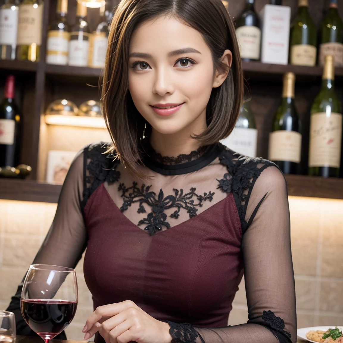 （Realistic:1.1）,(masterpiece,Highest quality)，8k,(49 years old), 53 years old, ベリーslimボディ、slimカップル、Tight waist,Upper Body,full-course dinner、wine 、Amazing view of the sunset sky and clouds、Perfect Anatomy, Brown Hair, short hair,Random Hairstyles,((Highly detailed face and eyes:1.2))，Perfect golden ratio face，Long sleeve shirt、dress,(smile:1.2)、Shortcuts、cute、(Realistic, Intricate details:1.2), A bright smile、short hair,Bright Face、赤wine 、Appetizers、Italian food、wine bottle、Champagne、スパークリングwine、(slimな顔), (The body is slim), (Brown Hair), (Shortcuts),  Upper Body, 白wine, slim, wineグラス, 