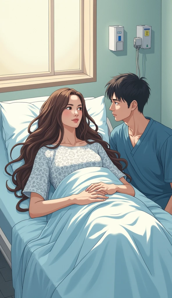 Japanese comic style,in the hospital,Lying in bed,褐色Long hair的女性,Long hair,A short-haired man sits on the edge of the bed watching her.