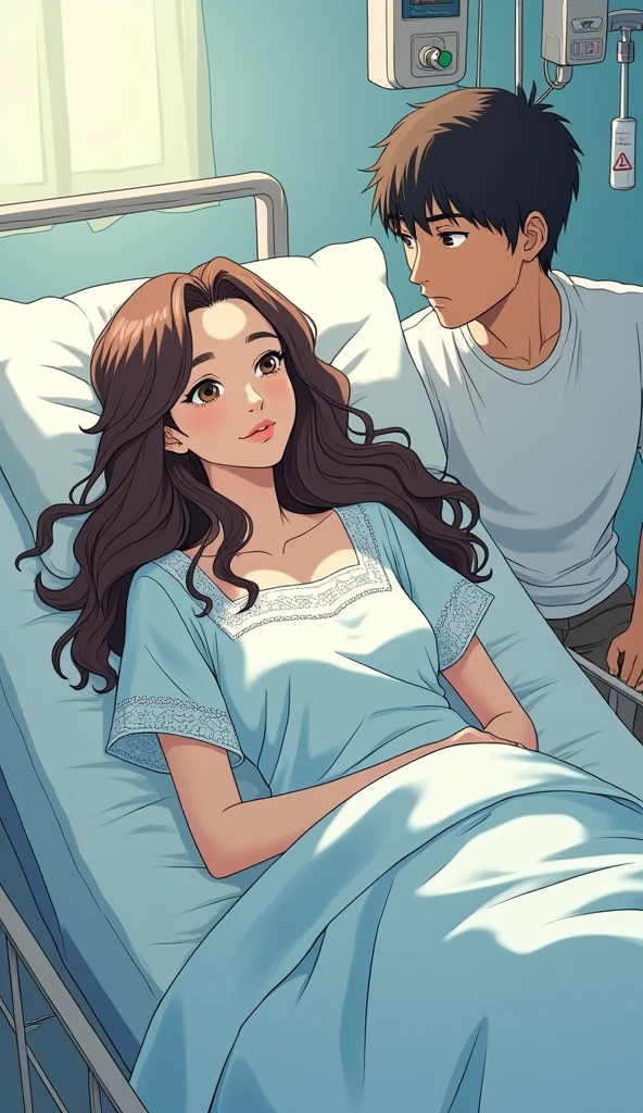 Japanese comic style，in the hospital，Lying in bed，褐色Long hair的女性，Long hair，A short-haired man sits on the edge of the bed watching her.