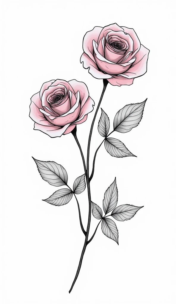 white background with black lined roses,(The flower branches have beautiful patterns compared to roses:0.25),The leaves are slender,with beautiful patterns on roses,Artistic abstraction,Not realistic
