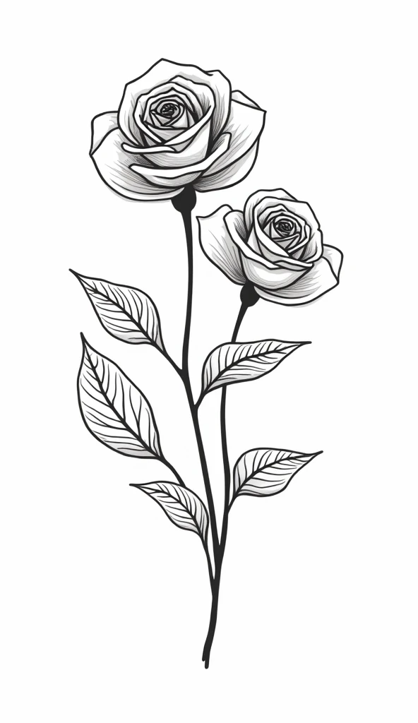white background with black lined roses,(The flower branches have beautiful patterns compared to roses:0.25),The leaves are slender,with beautiful patterns on roses,Artistic abstraction,Not realistic