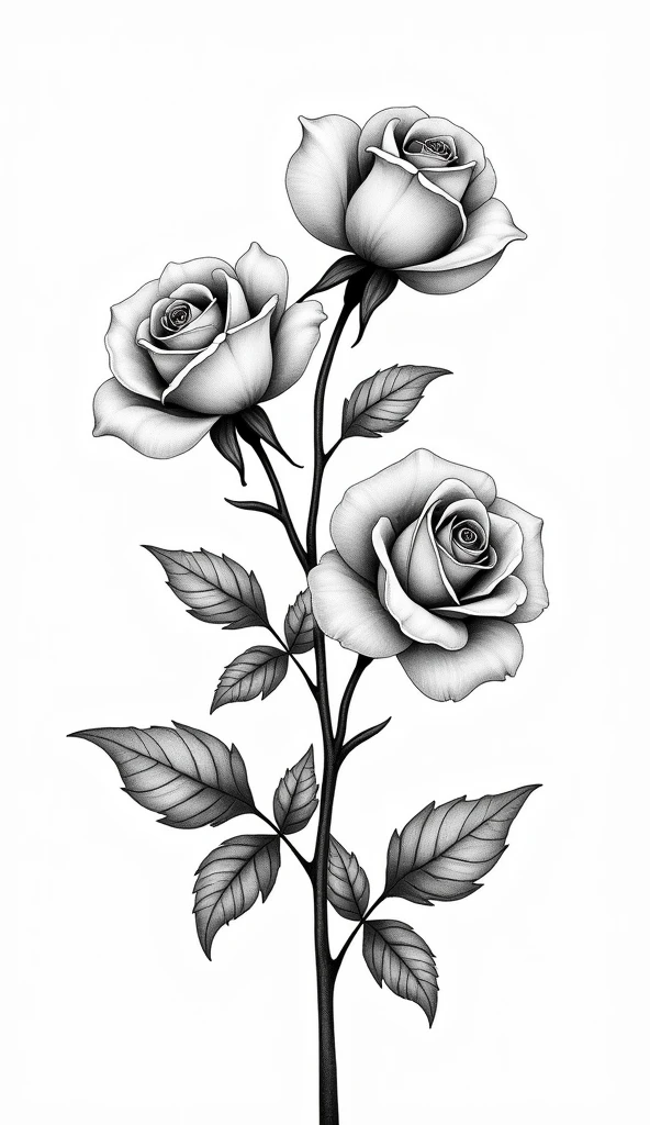 white background with black lined roses,(The flower branches have beautiful patterns compared to roses:0.25),The leaves are slender,with beautiful patterns on roses,Artistic abstraction,Not realistic