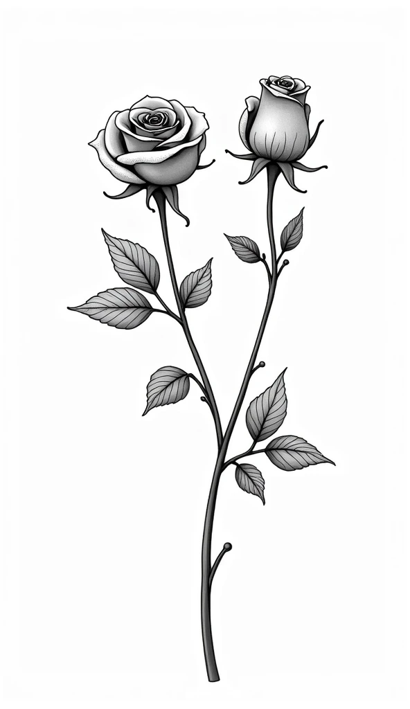 white background with black lined roses，（The flower branches have beautiful patterns compared to roses:0.25），The leaves are slender，with beautiful patterns on roses，Artistic abstraction，Not realistic