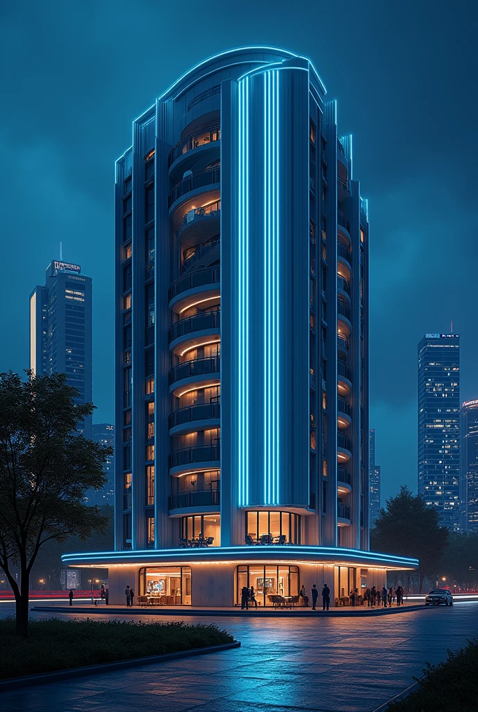 art deco design,urban buildings,streamline moderne,futuristic architecture, Abstraction,modern style,Luxury and Luxury,Future night view,Futuristic decorative elements,Metallic,number line,sci-fi lamp,Virtual Engine,Unreal rendering,blue lights, neon lights, apartment building, elevation view