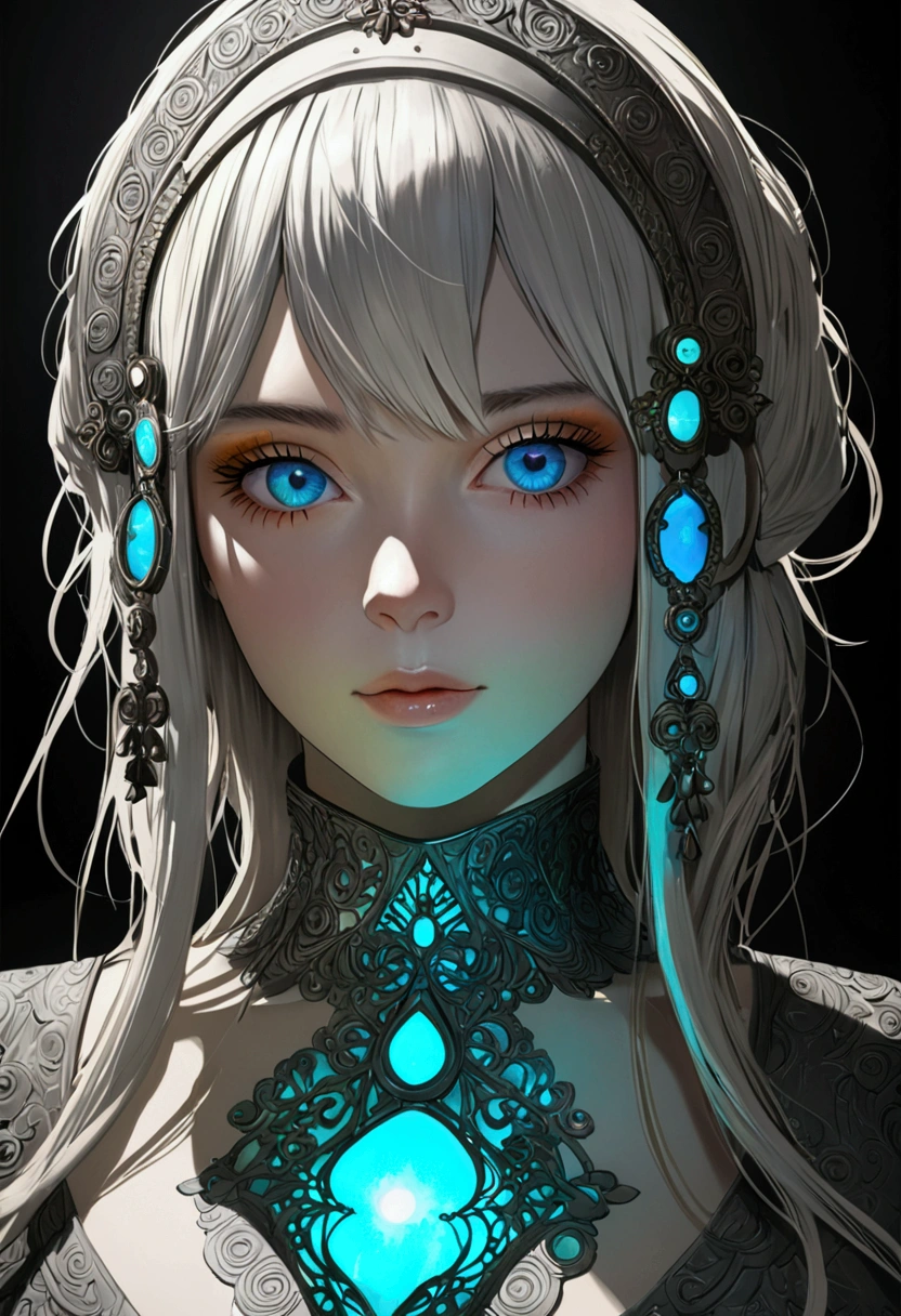 Siberia,Strange,make up,Heterochromia,Intricate details,elegant,8K resolution,Realistic rendering,(Ashley Wood Style:1.2),(Nick Vicesi Style:0.6), Chemiluminescence,1 girl,
