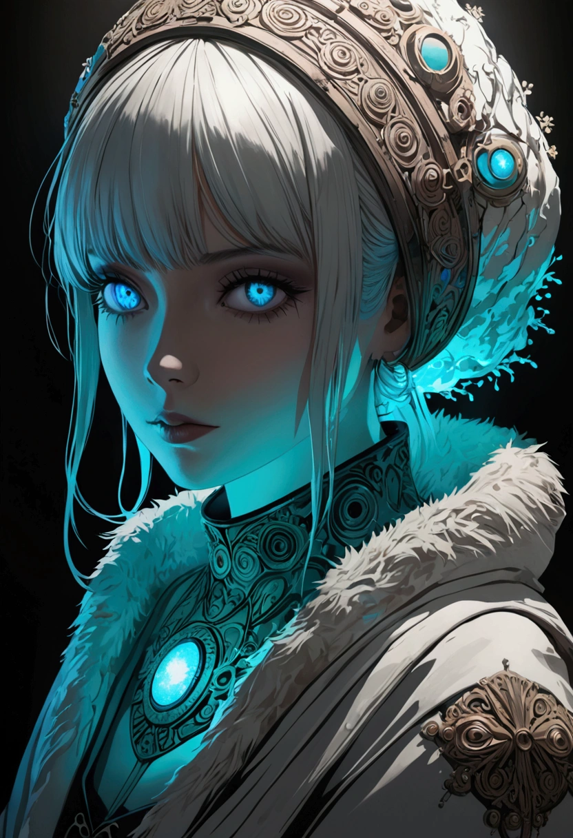 Siberia,Strange,make up,Heterochromia,Intricate details,elegant,8K resolution,Realistic rendering,(Ashley Wood Style:1.2),(Nick Vicesi Style:0.6), Chemiluminescence,1 girl,