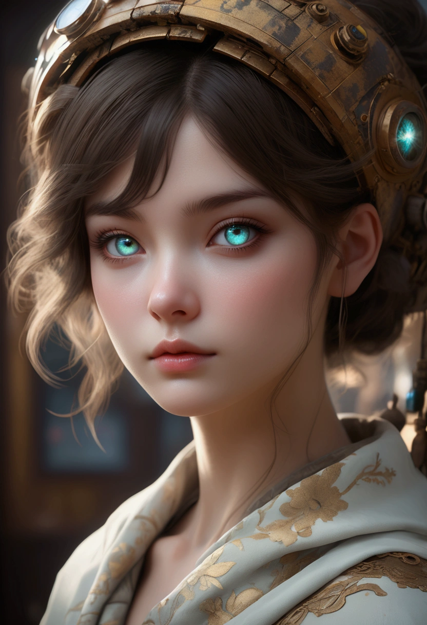 Siberia,Strange,make up,Heterochromia,Intricate details,elegant,8K resolution,Realistic rendering,(Ashley Wood Style:1.2),(Nick Vicesi Style:0.6), Chemiluminescence,1 girl,