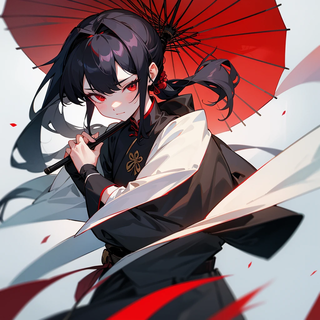 ปล่อยlong hair,black hair,Light red eyes,white skin,Wearing a black Chinese outfit,Looks like a man,Young face,Not smiling,Holding a Chinese umbrella,Dressed in black from head to toe,long hair, chest, ponytail, hair accessories, bell, Anime, background, Close-up photography, character design, 1 girl,