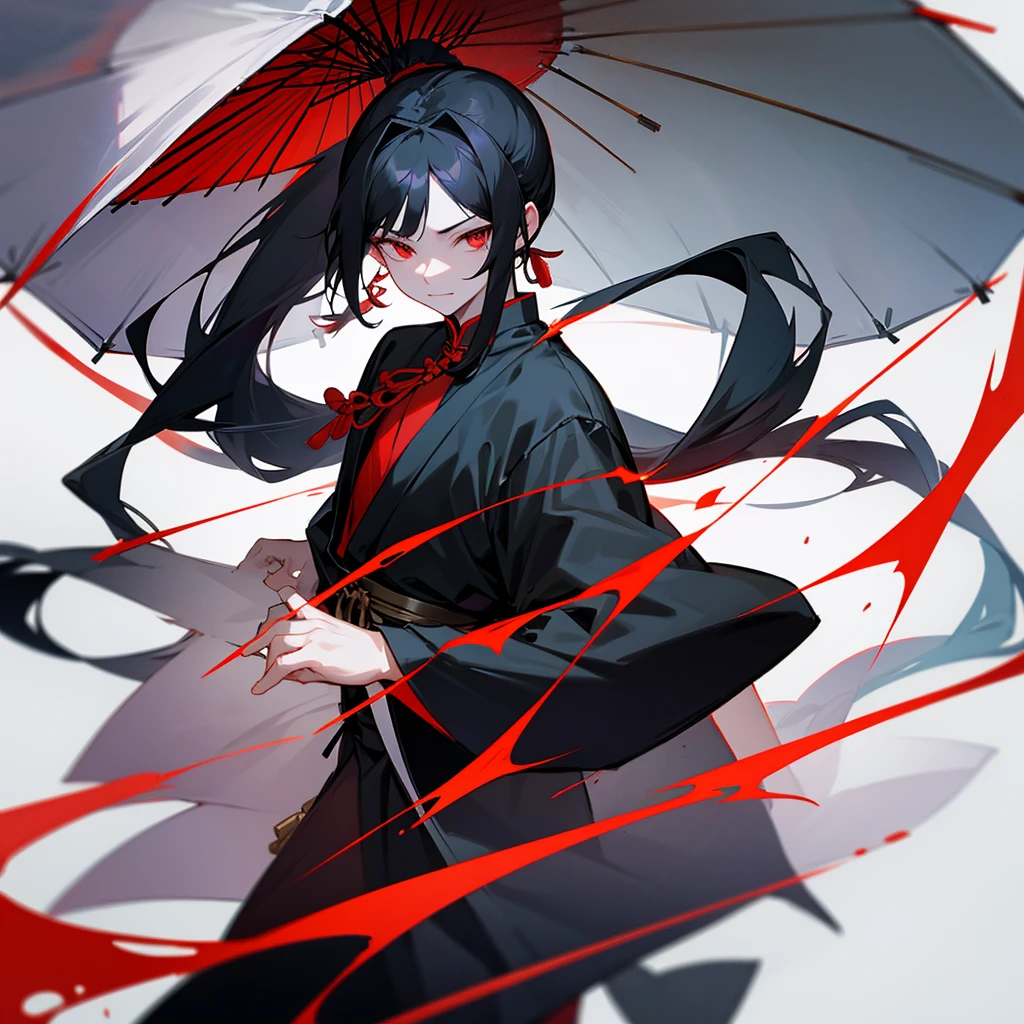 ปล่อยlong hair,black hair,Light red eyes,white skin,Wearing a black Chinese outfit,Looks like a man,Young face,Not smiling,Holding a Chinese umbrella,Dressed in black from head to toe,long hair, chest, ponytail, hair accessories, bell, Anime, background, Close-up photography, character design, 1 girl, 