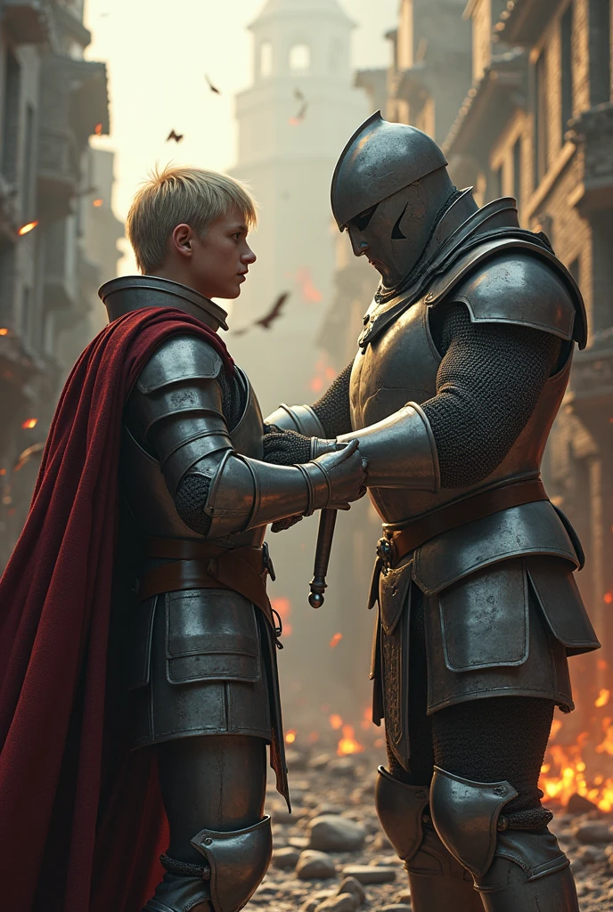 a blonde hair young man wearing silver Armour. He's stabbing a sword through the 7 foot big and muscular man whose wearing chainmail. Ruined city with dilapidated condition homes and burning houses and fire. Mediaeval setting cinematic style.