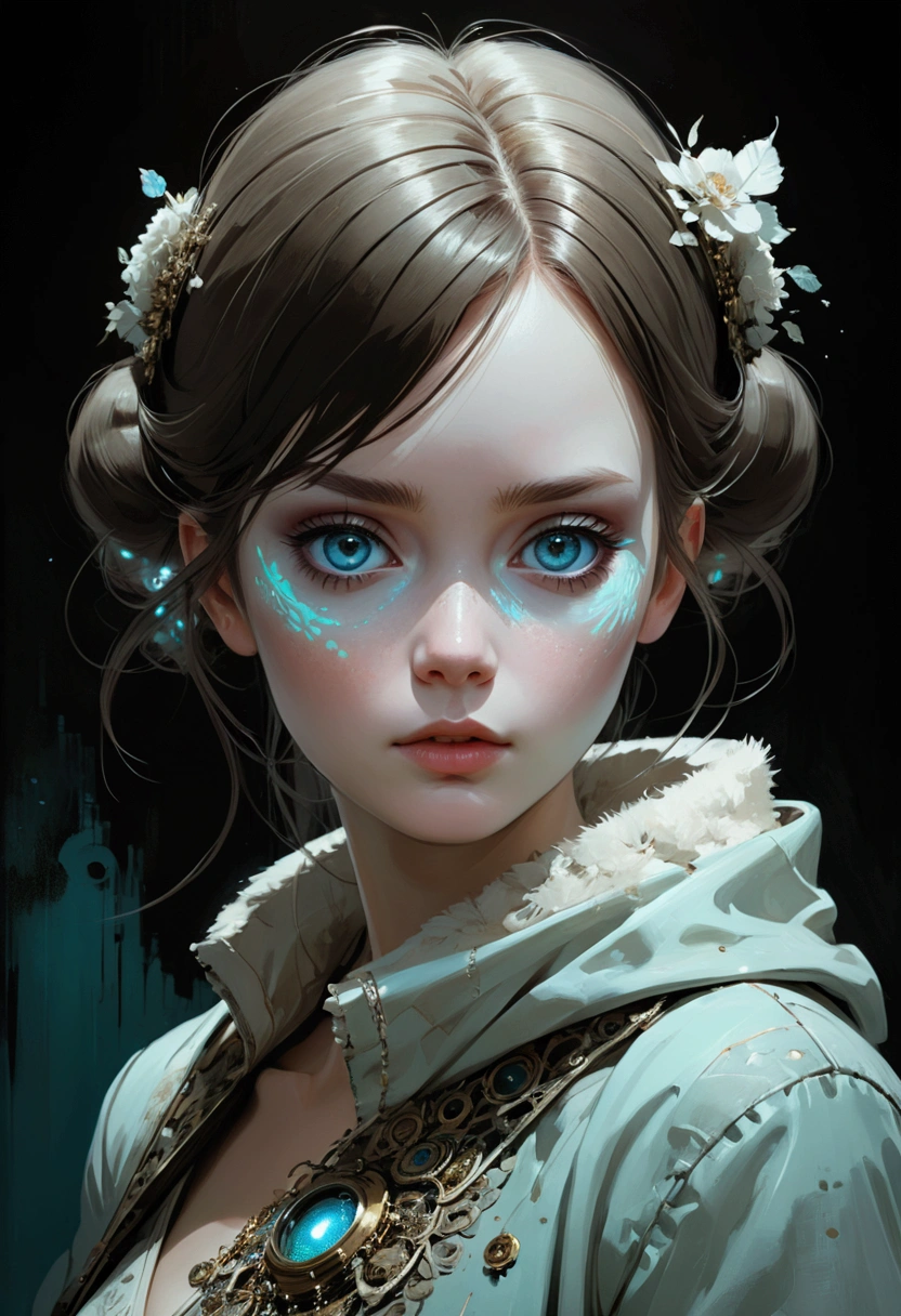 Siberia,Strange,make up,Heterochromia,Intricate details,elegant,8K resolution,Realistic rendering,(Ashley Wood Style:1.2),(Nick Vicesi Style:0.6), Chemiluminescence,1 girl,