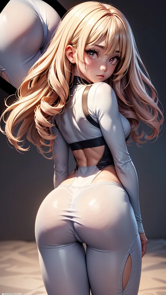 1girl, adjusting clothes, ass, crop top, blonde hair, gym, masterpiece, best quality, highly detailed, ass focus, close-up, sweat, from below, looking at viewer, large ass, yoga pants