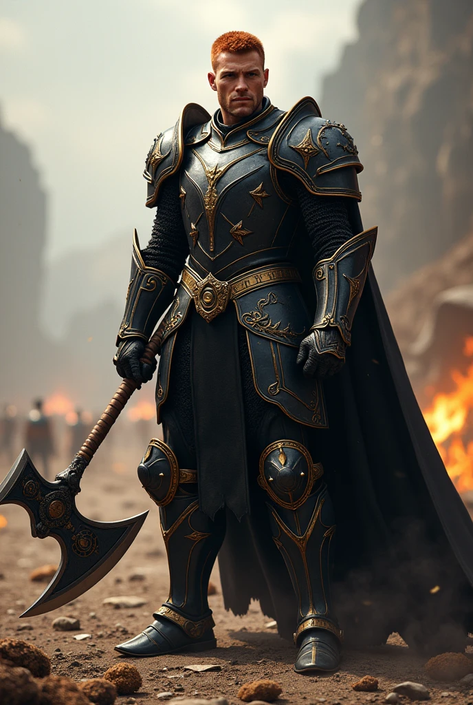 A knightly man with short red hair wearing black armor with golden decorations, armed with a two-handed axe