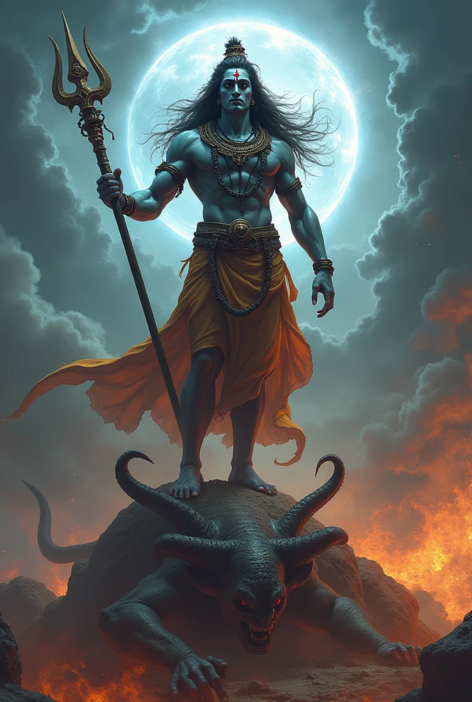 Draw a lord shiva with snake and trident stands on a demon, who lays under his feet died