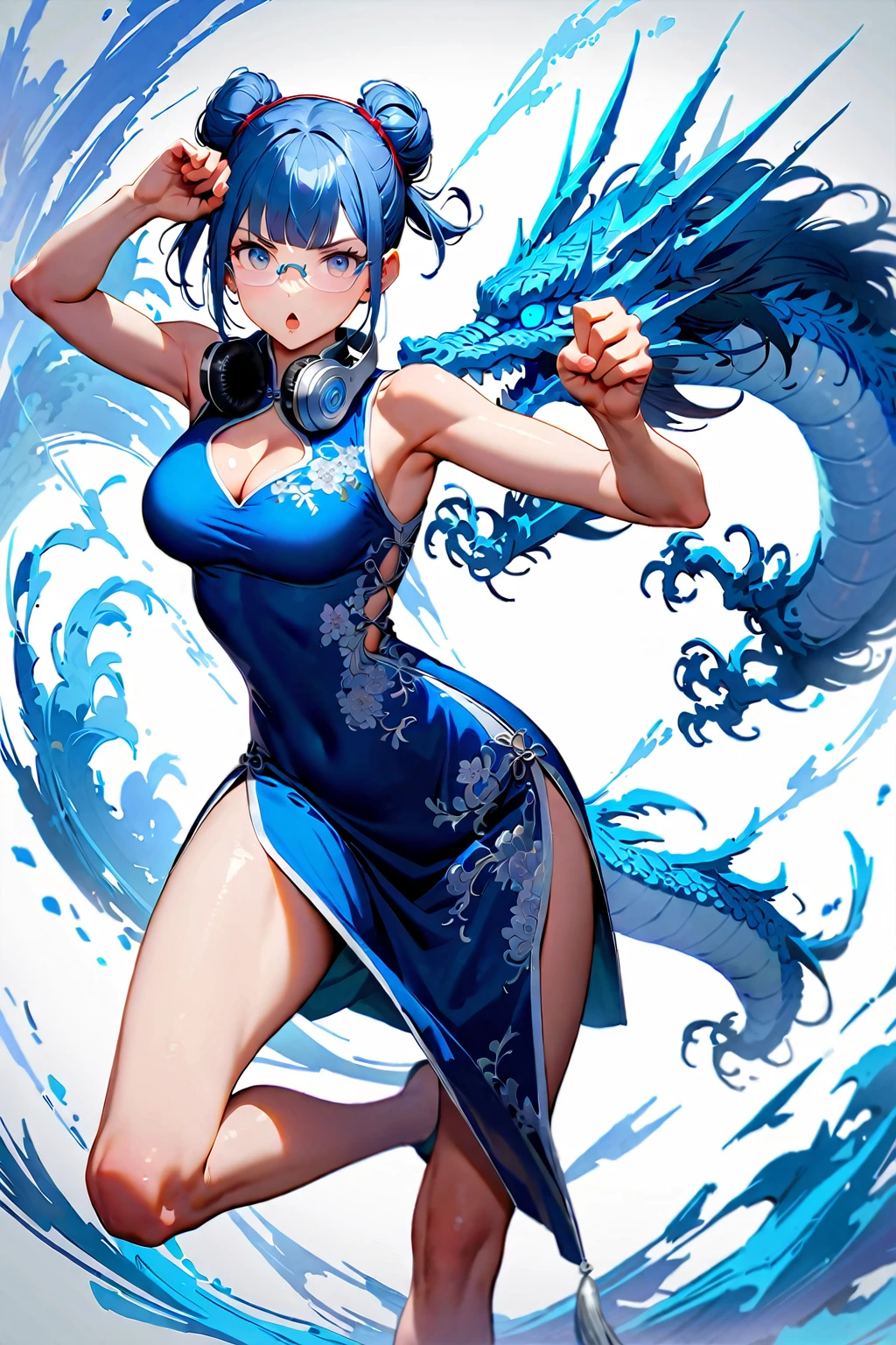 (extremely detailed fine touch:1.3), (((silver semi-rimless eyewear:1.3))), (wear silver headphones around neck:1.0), blue short hair, double bun, blunt bangs, 1girl, solo, full body, 
kung fu pose, Kicking, earring, serious, chestnut mouth, make up, bare arms, medium breasts, cleavage, extremely detailed blue beautiful Cheongsam, extremely detailed, chinese blue dragon, china background,