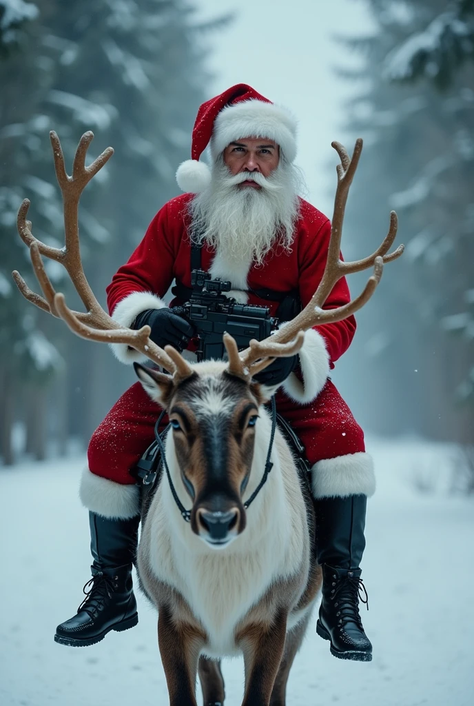 Cristiano Ronaldo as an action hero Santa Clause, wearing a Santa costume on a reindeer with tactical gear in a cinematic action movie scene, cinematic film still