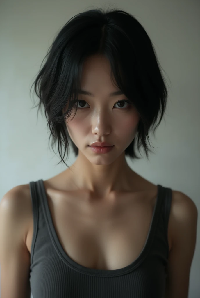 Japanese woman, short hair, streight face showing no emotion, looking into camera, tank top, no bra, standing streight, frontal view, highly detailed face, high resolution, dark skin, photorealistic