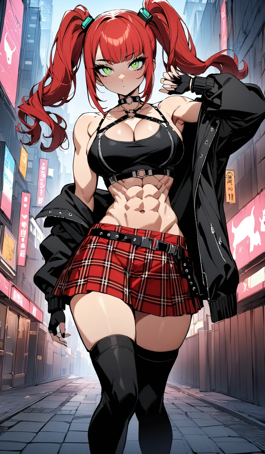 woman, curly red hair in pig tails, green eyes, black eyeshadow, wearing crop top black shirt, long black jacket, red plaid skirt, (black knee high boots), black fingerless gloves, exposed shoulders, large breasts, freckles, abs, cleavage, looking at viewer, masterpiece, best quality, Holo-Punk Style, in the city