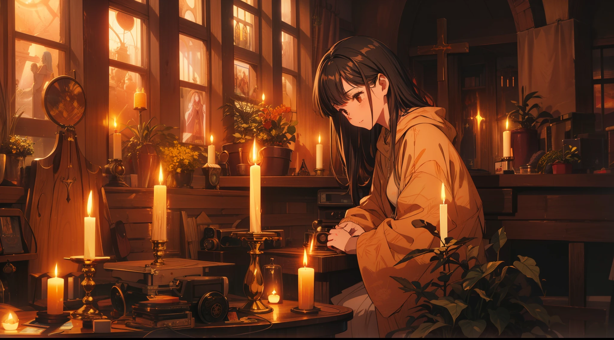 masterpiece, best quality, high quality, detailed, ultra detailed, hyper detailed, insanely detailed, exquisite, beautiful, FHD, Full-HD, 4K, 8K, 16K, highres, absurdres, A serene and peaceful night scene in a small, cozy church setting. 1girl,The interior is softly lit by candlelight, creating warm, ambient lighting. A simple wooden cross is visible in the background, with light rays softly shining down on it. The atmosphere feels sacred and comforting, with subtle hints of lo-fi elements like a vintage record player or soft vinyl textures. The overall color palette features warm browns, deep oranges, and gentle golden hues, creating a tranquil and soulful mood.