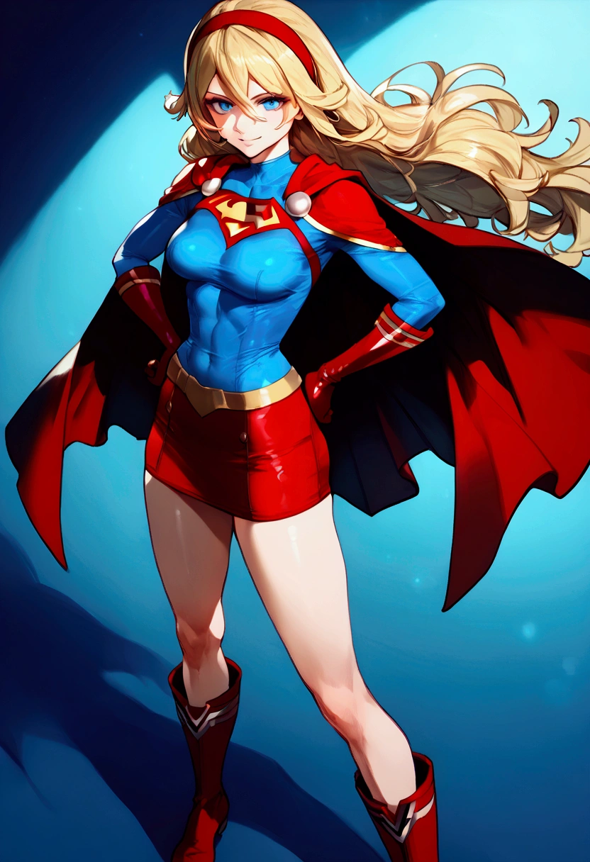score_9, score_8_up, score_7_up, source_anime, standing, hand on own hip, ((((1girl,short stature)))), (slender body:1.4), (long hair),blonde hair, blue eyes, ((((midium breasts)))), pale skin,shiny skin, ((She wears solid shirt, blue long sleeve shirt, red skirt, red gloves, red hairband, superhero, cape, red boots)),smile,