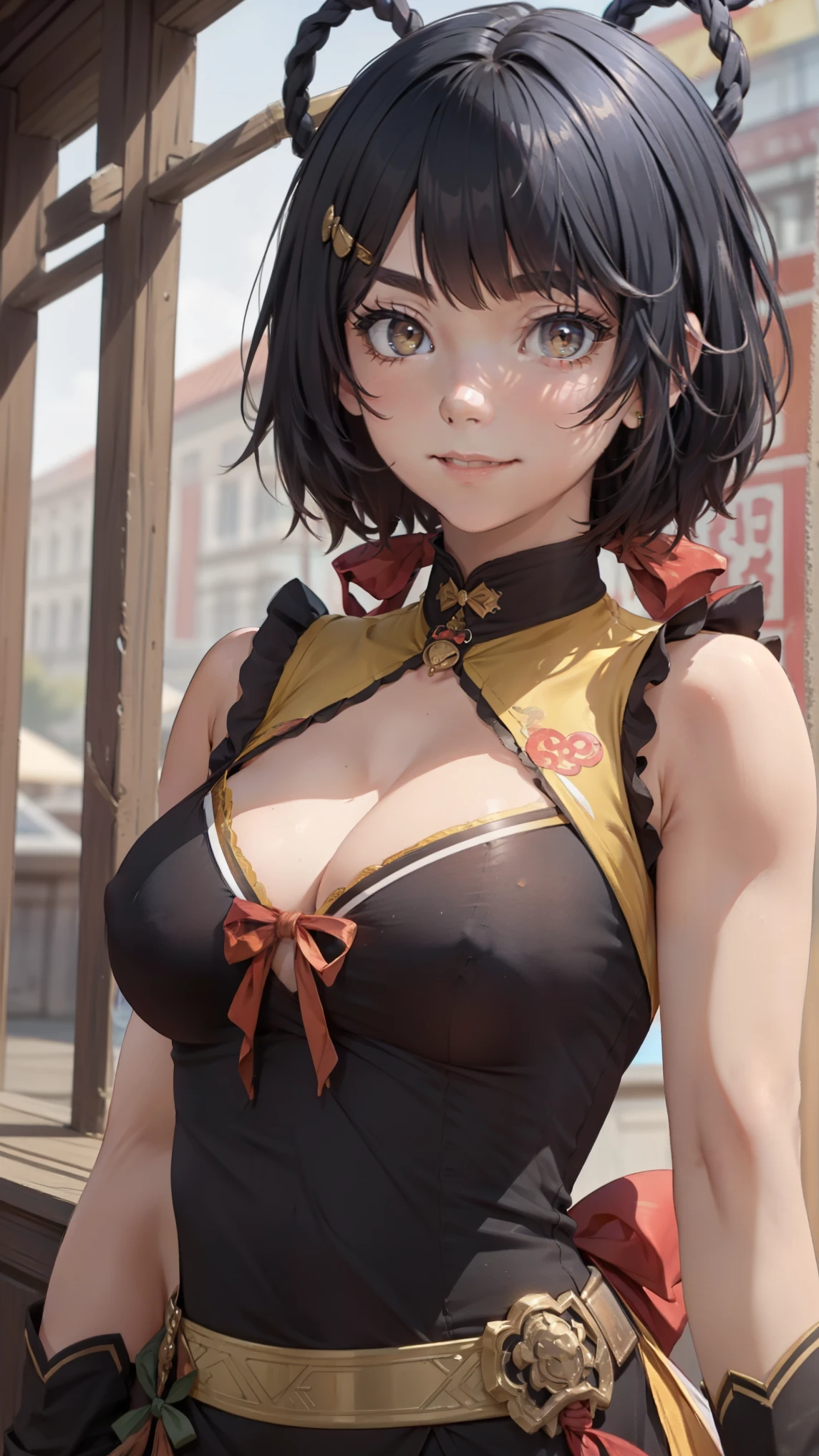 masterpiece, top quality, high detailed, detailed face, bright Eyes, outdoor, blurred background, dynamic poses, dynamic angle, (from the front),standing, (small breasts),(cleavage),(see through dress),(Looking forward:1.5), xianglingdef,joyful, laughing, hot and spicy, happy, in a old traditional Chinese restaurant