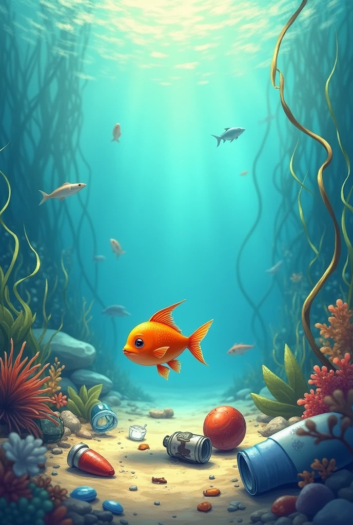 anime,In the sea,There is trash on the ground,A small fish finds trash