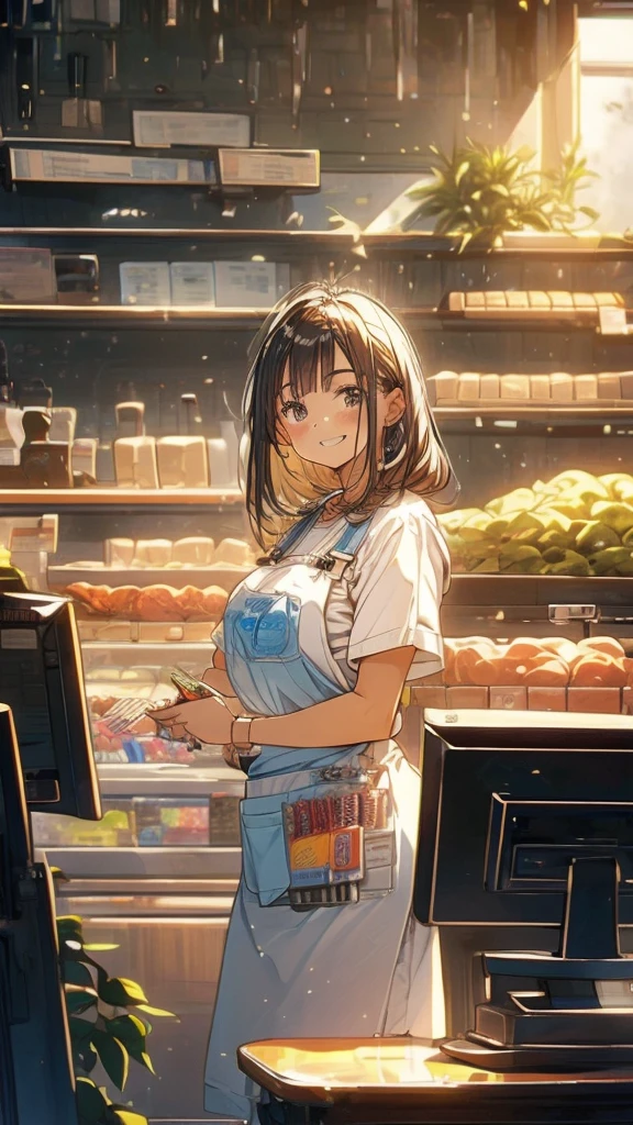 young woman,smile,((Standing inside the cash register)),Touching the cash register machine,Customer Service,((There is a cash register on the table)),(Scanning product barcodes at the cash register)),Supermarket clerk,Wearing an apron,uniform,((Working as a cashier)),((Cashier)),((cashier,register,)),((Receive money from customers)),There are products on the shelves,In the supermarket,Bright interior,grocery store