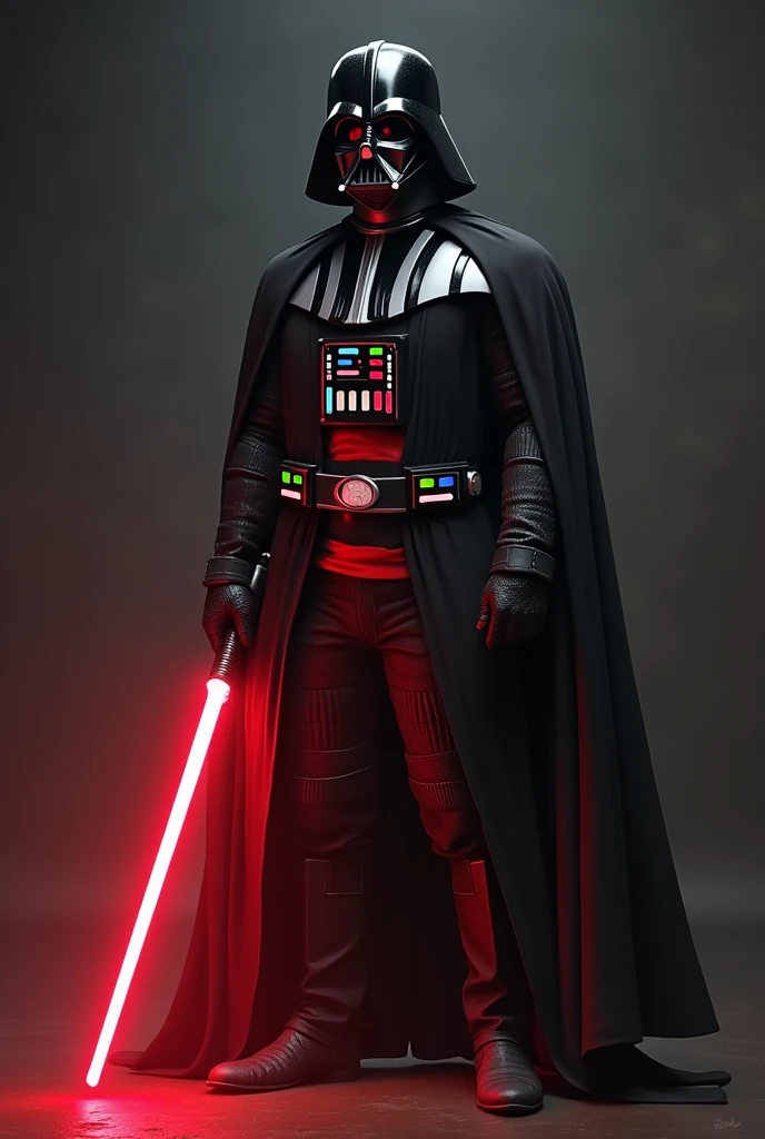 Darth Vader in a red and white striped shirt with his lightsaber