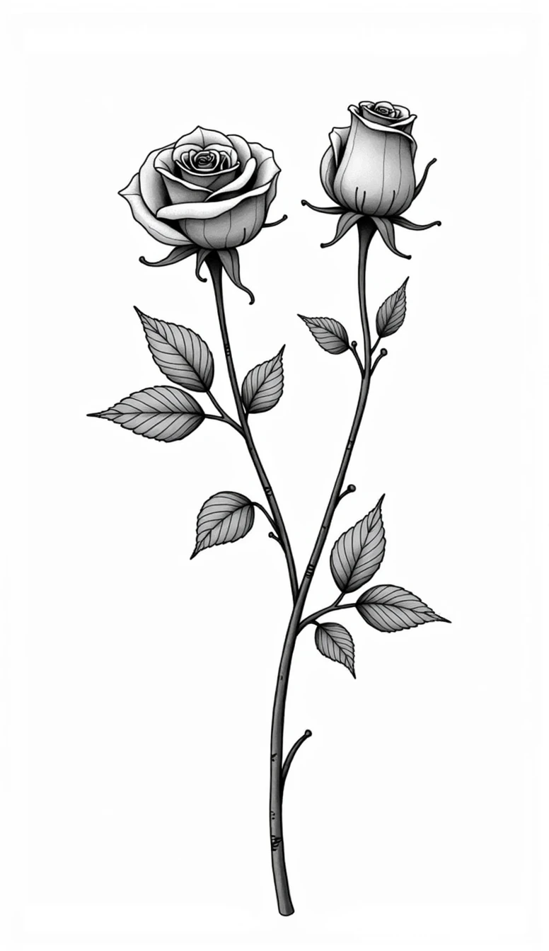white background with black lined roses,(The flower branches have beautiful patterns compared to roses:0.25),The leaves are slender,with beautiful patterns on roses,Artistic abstraction,Not realistic