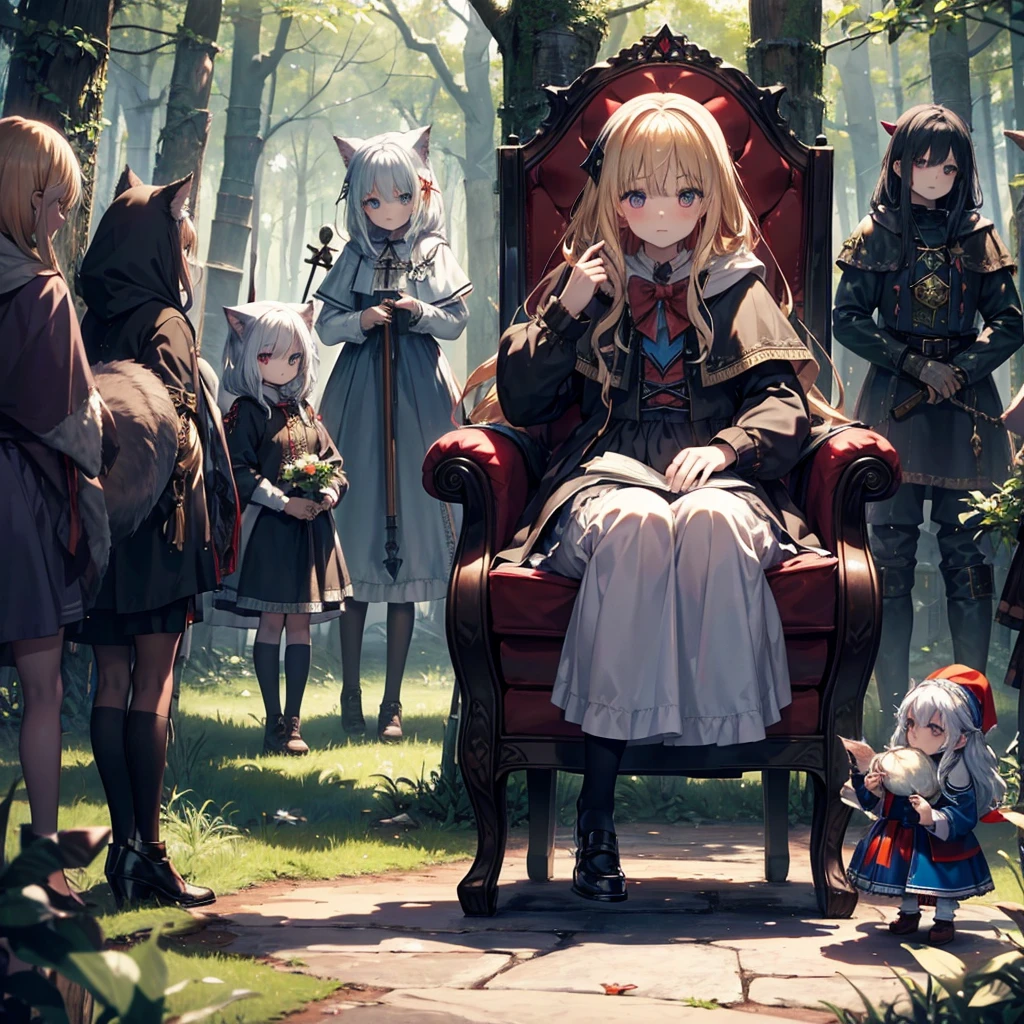 {{{wonderland, grim}}}, five girls, forest, wolf, hood, cat, devil, (queen), (((alice))), ((((dwarf)))), faily