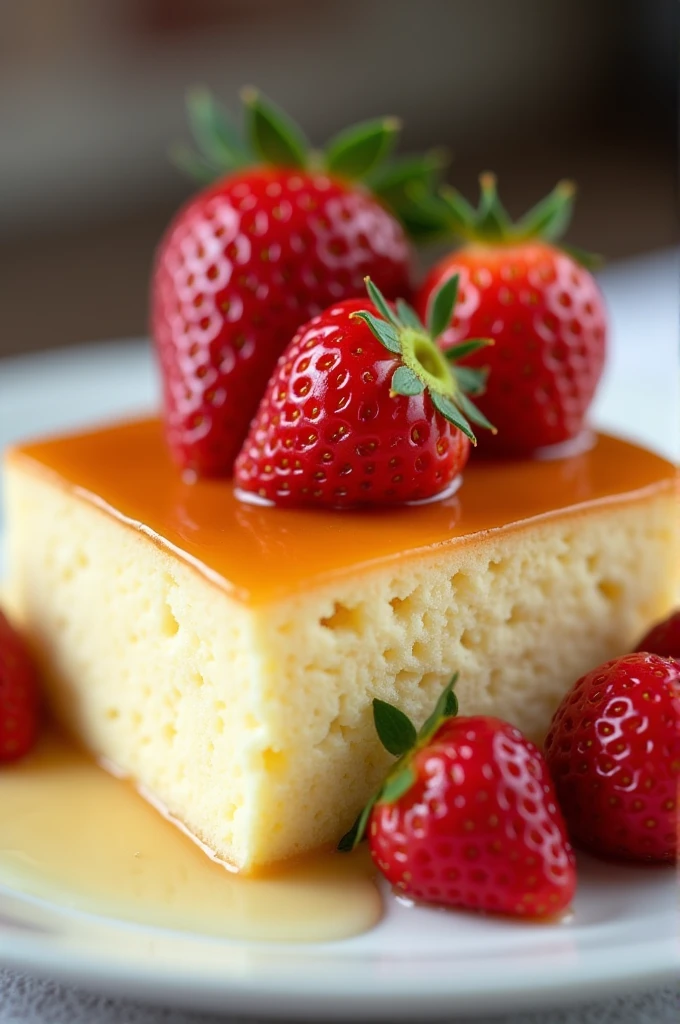 Portion of Dulce de 3 leches decorated with strawberries