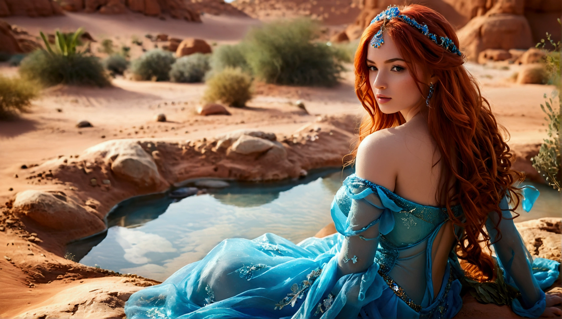 (full body shot:1) photorealistic image of a (sitting pose:1) woman, ultrarealistic, photography, long red hair, woman, 24 years old, hourglass figure, perfect body, seductive look, natural medium breasts, blur background, she is wearing a blue sheer princess jasmine outfit, she is in an oasis in a desert, sitting near a small waterhole, zoomed out, extreme wide angle