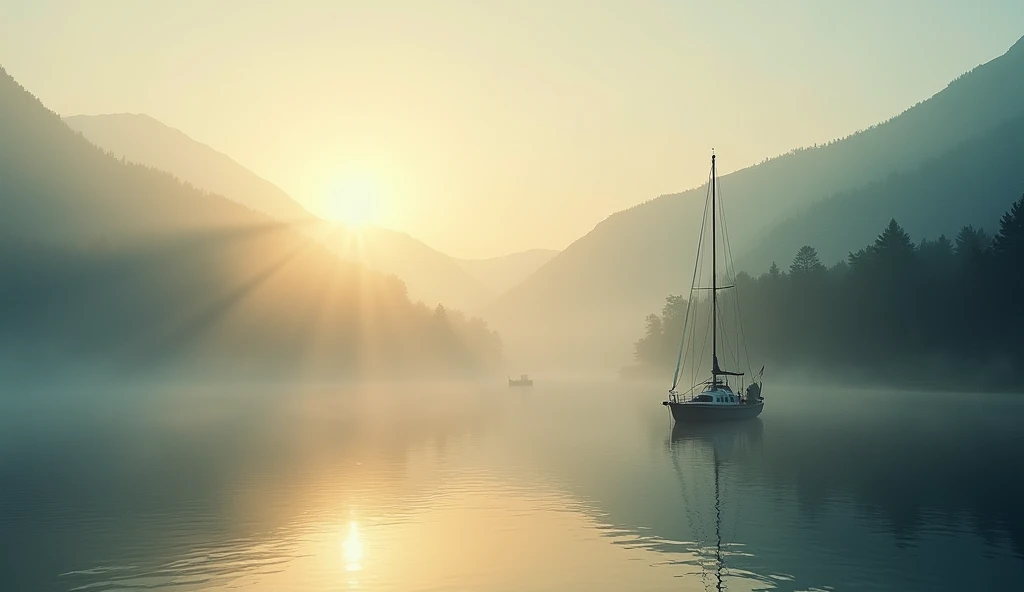 tmasterpiece, qualidade superior, alto detalhe, impressionismo, Morning of Veão, Cruise along the lake in the morning mist, haze, Cinematic light,
