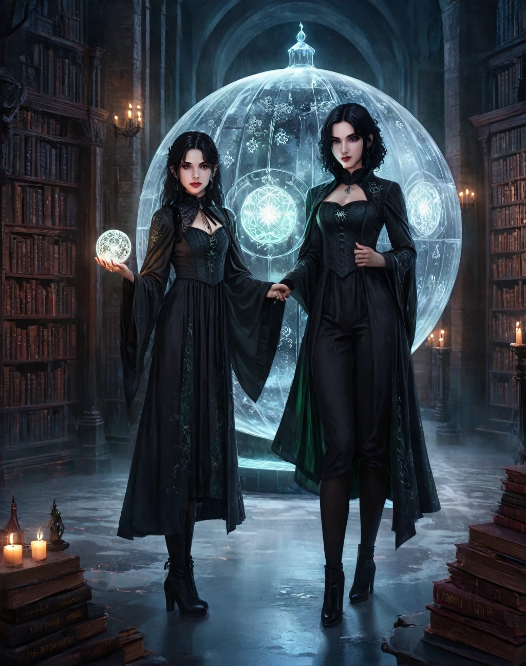 (Pixel art:1.5), (solo:1.3), , 1 girl, young 11 year old girl,daughter of severus snape, green eyes , black hair ,a (stunning vampire girl) ((((holding a magical academy inside an icy sphere))))), (((concentrated look))), ((wearing a robe with rich gothic patterns)), (inside an old library dimly lit with candles), ((eerie cosmic portal behind the girl)), (ethereal shiny particles:1.2), pixel art
