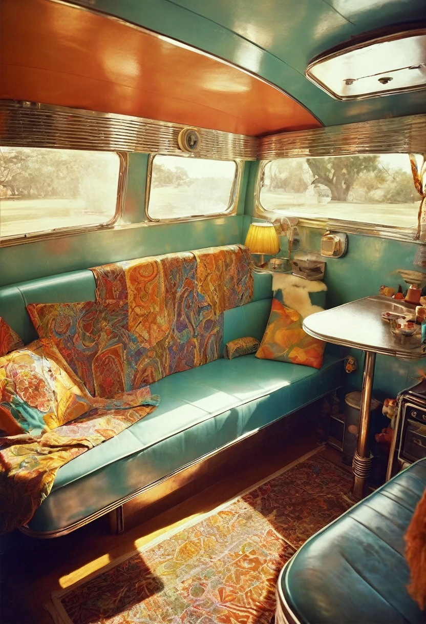 1960s America, shiny silver rounded stainless steel trailer home, psychedelic hippie youth, anti-war movement, professional camera, professional lighting, detailed realistic interior, retro vintage style, warm tones, soft lighting, dramatic shadows, dynamic composition, film grain effect, environmental portraiture