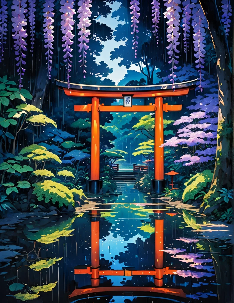 wide view, torii, Japanese forest, dense wisteria trees, day light, rain, reflection, tropical leafy plants, light shine on part of foliage, micro landscape, intrinsic details, dark, night time, micro landscape, intrinsic details