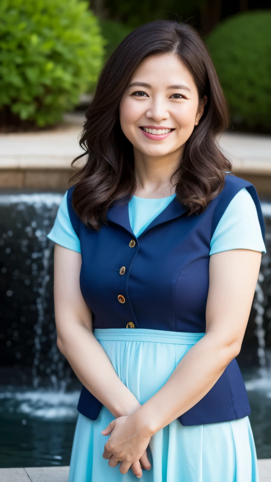 最high quality, In 8K, whole body, Real, Upper Body, high quality, High resolution, Detailed face, Detailed eyes, Thick lips, (Look at the viewers), alone, Middle-aged women, , 60 years old, , Wavy Hair, , Wearing short sleeves, Standing in front of a fountain, Wrinkles around the eyes, Smiling with teeth showing, Background Blur