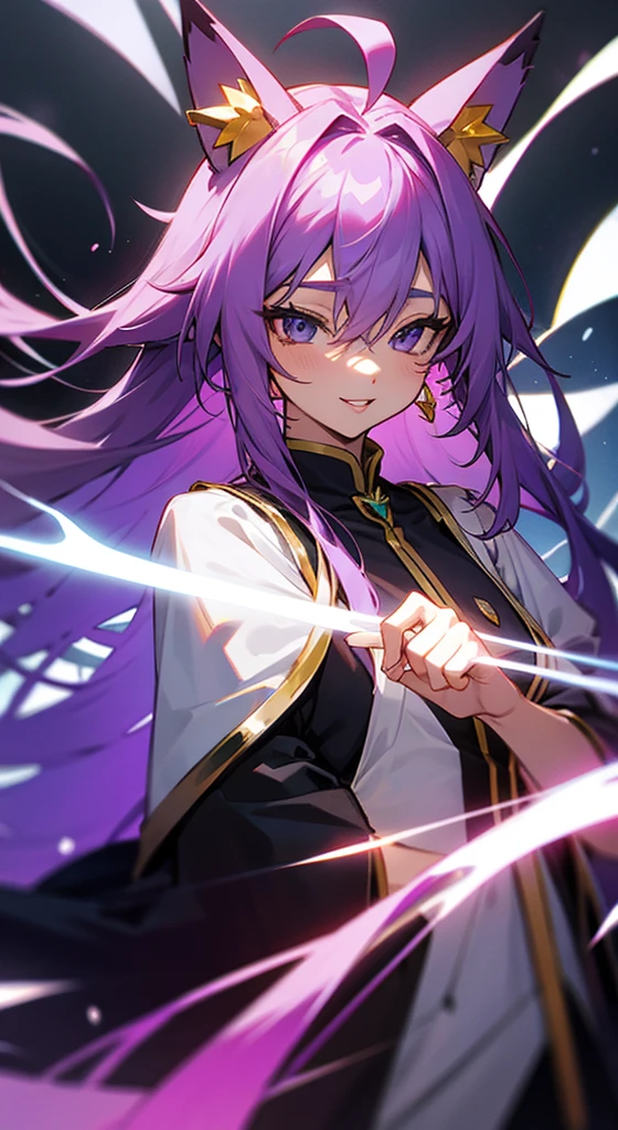 Long Hair, Purple Hair, Ahoge, 複数のAhoge, Hair behind ears, ビッグAhoge, Crystal-like hair, expressive hair, chest, Earrings, Open your eyes, Red lips, smile, Character portrait, Fox Mask, anime風, anime, transparent image