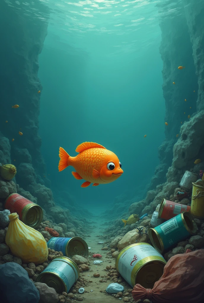 anime,In the sea,There is trash on the ground,A small fish finds trash