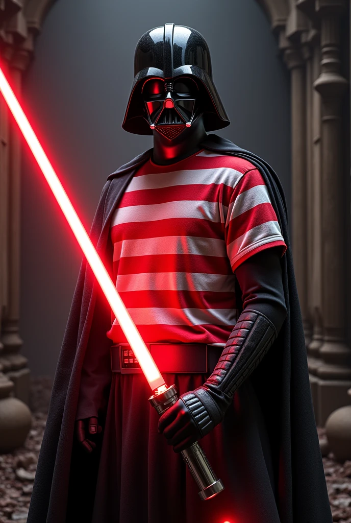 Darth Vader with a red and white striped shirt with a lightsaber