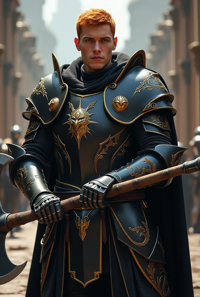 A knightly man with short red hair, clad in black armor with gold accents, wielding a two-handed epic wolf-headed axe.