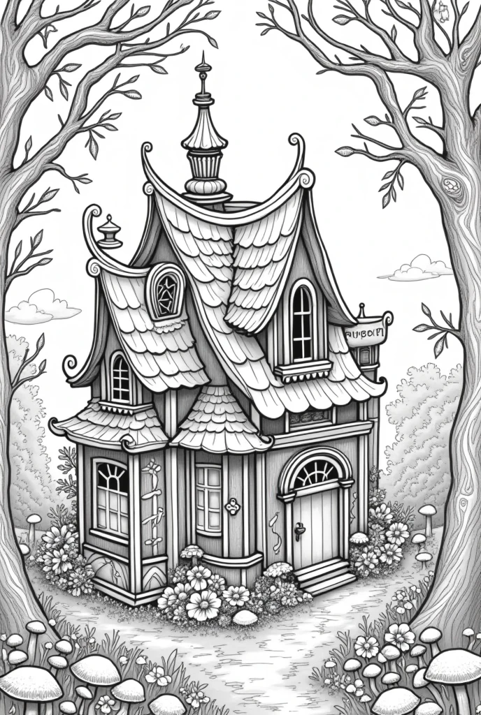 Fairy house land coloring book pages nature background no color black and white high details