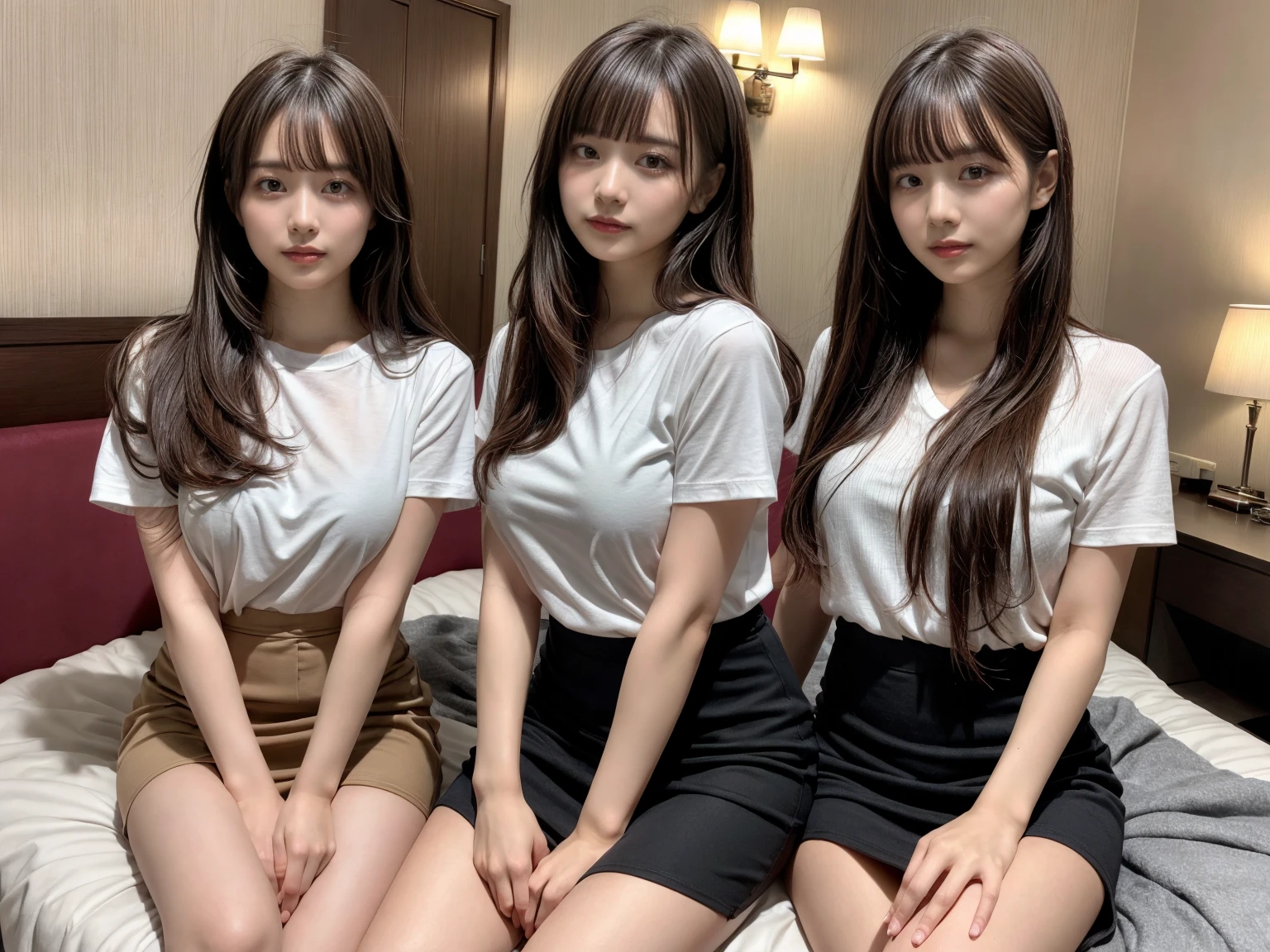 masterpiece, best quality, illustration, Super detailed, fine details, High resolution, 8K,wall paper, perfect dynamic composition,(Details High quality, realistic depiction of eyes:1.3), (2 girls), (Fashionable, white shirt short sleeve, black pencil short skirt), sitting, open legs, short bob hair, in a hotel room in the background, deep on field, large breasts, black hair color, Big Natural Color Lip, (perfect body shape), crying a little、Harajuku style、20 year old girl、cute type、beautiful legs, Gravure Idol