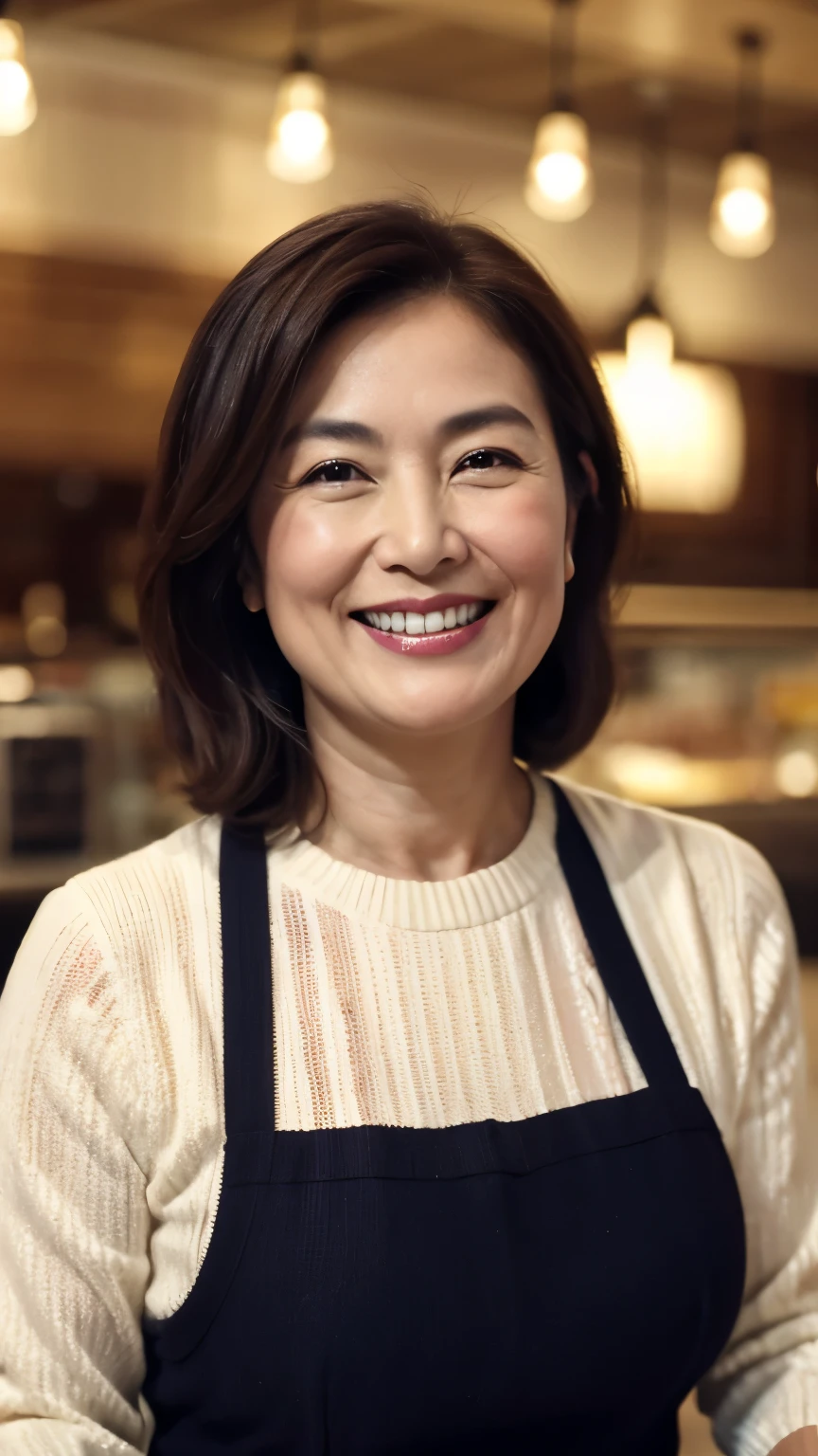 8k wallpaper, masterpiece, Highest quality, Very detailed, One Mature Woman, 50 years old, Become very clear, Wearing a short-sleeved knit, Skin dents, Captivating smile, Looking at the audience, No lapel microphone, Plump, Curvaceous, Attractive face, Smiling with teeth showing, I was happy, sitting in a cafe, Background Blur