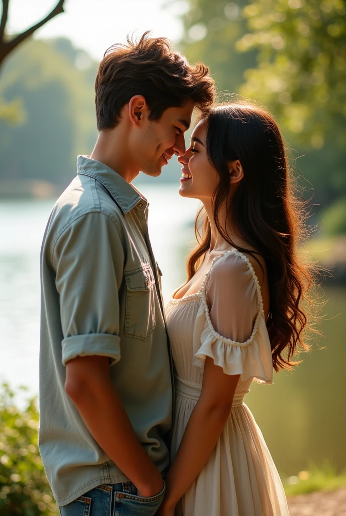 Create a romantic photo of a couple: a boy and a girl. The boy, G, has short brown hair and is wearing a casual button-up shirt with jeans. The girl, M, has long, wavy brunette hair and is dressed in a flowy summer dress. They are standing close together in a scenic outdoor setting, perhaps near a lake or in a park, with soft, natural lighting that enhances their affectionate expressions and warm smiles. The scene should convey a sense of love and connection between them.