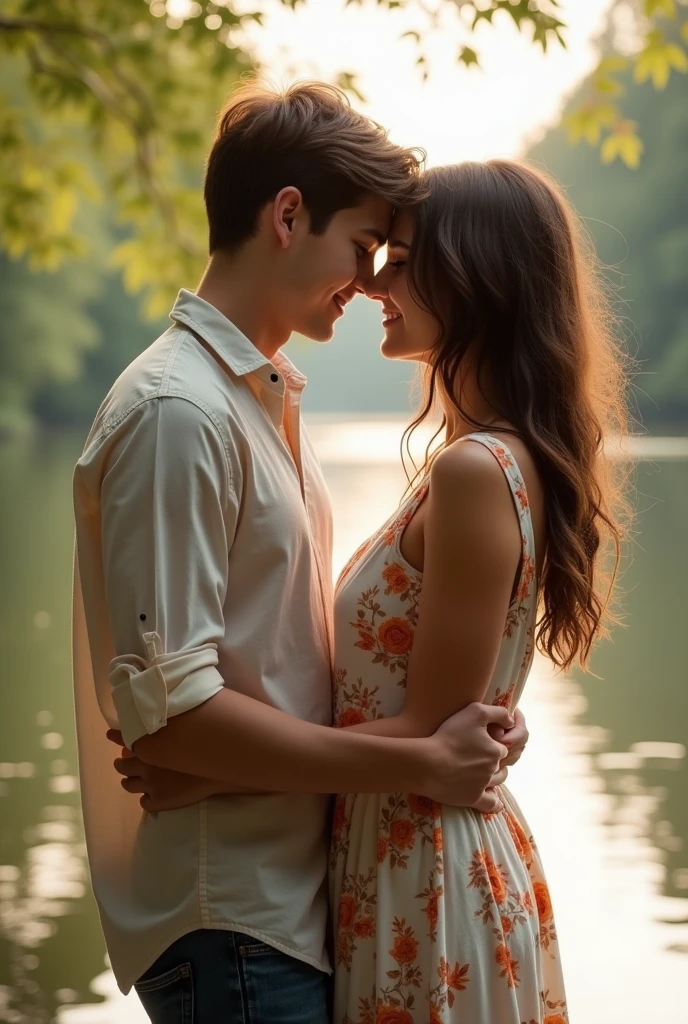 Create a romantic photo of a couple: a boy and a girl. The boy, G, has short brown hair and is wearing a casual button-up shirt with jeans. The girl, M, has long, wavy brunette hair and is dressed in a flowy summer dress. They are standing close together in a scenic outdoor setting, perhaps near a lake or in a park, with soft, natural lighting that enhances their affectionate expressions and warm smiles. The scene should convey a sense of love and connection between them.